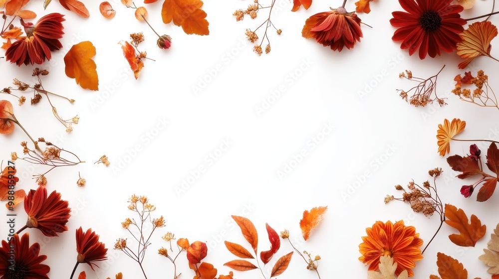 A decorative arrangement of autumn flowers and leaves on a white background. A decorative arrangement of autumn flowers and leaves on a white background.