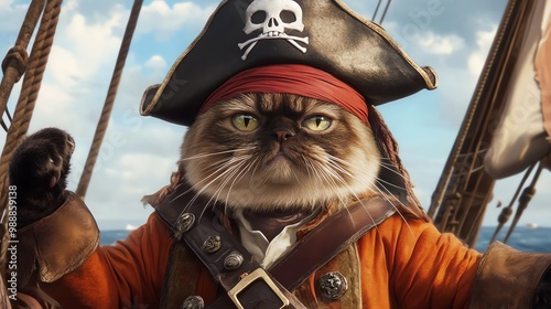 A charming pirate cat with a bold expression, wearing a classic pirate hat adorned with a skull, set against a lively background of the sea and ship sails. photo