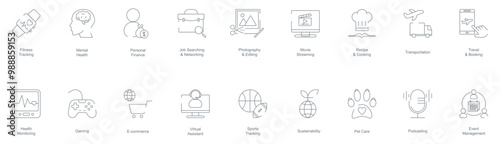 Fitness Tracking, Mental Health, Personal Finance, Job Searching and Networking, Photography and Editing, Movie Streaming, Recipe and Cooking, Transportation, Travel and Booking mobile app icon set