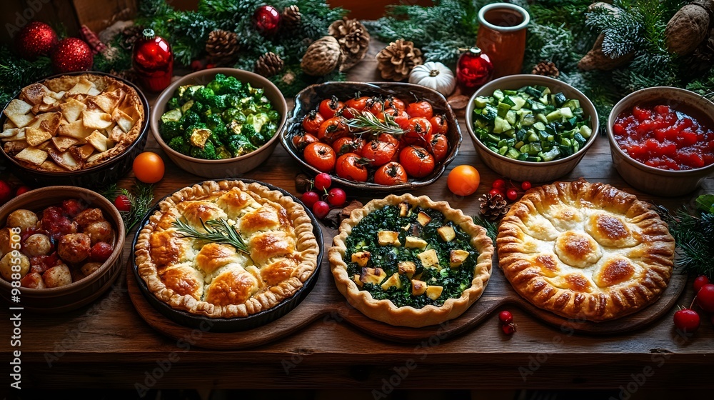 A festive table filled with seasonal dishes like roasted vegetables and pies A festive table filled with seasonal dishes like roasted vegetables and pies