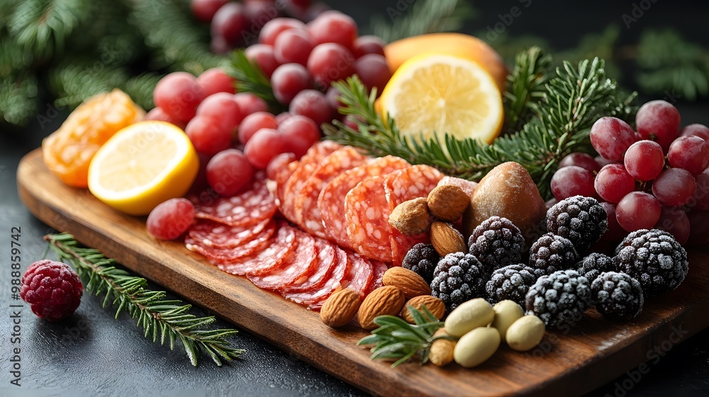 A festive charcuterie board decorated for the holidays with fruits and nuts A festive charcuterie board decorated for the holidays with fruits and nuts