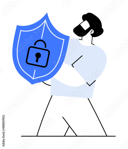 A person holding a blue shield with a padlock icon symbolizes safety and security. Ideal for cybersecurity, data protection, privacy, online safety, and safeguarding personal information. Simple, mini