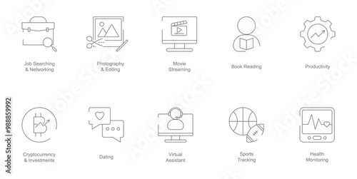 Job Searching and Networking, Photography and Editing, Movie Streaming, Book Reading, Productivity, Cryptocurrency and Investment, Dating, Virtual Assistant, Sport Tracking mobile app icons