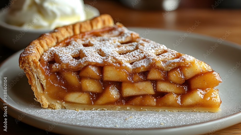 A warm slice of apple pie served with vanilla ice cream A warm slice of apple pie served with vanilla ice cream