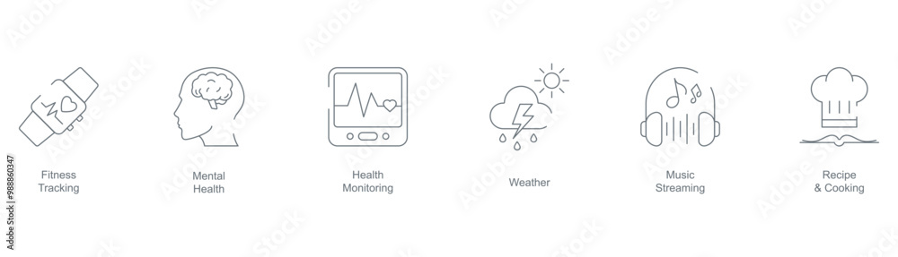 Fitness Tracking, Mental Health, Health Monitoring, Weather, Music Streaming, and Recipe and Cooking Icon Set Fitness Tracking, Mental Health, Health Monitoring, Weather, Music Streaming, and Recipe and Cooking Icon Set