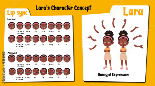 An african annoyed girl cartoon character AKA Lara, Little girl cartoon character. Annoyed face expressions and lip sync. Set of cute boy with various hand gesture and front and 1/3 standing pose.