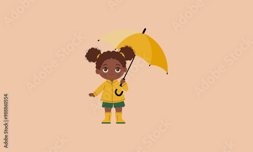 Little girl with yellow umbrella and raincoat