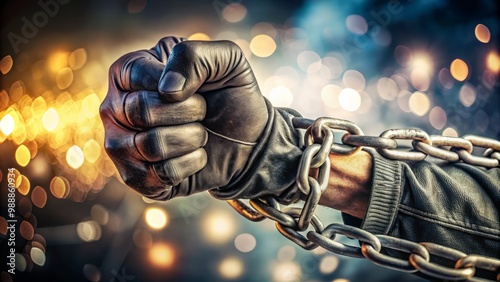 Close-up of a Gloved Fist Clenching a Heavy Chain, with a Bokeh Effect in the Background to Convey Unrelenting Grip Force photo