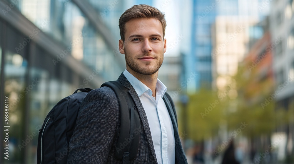 young businessman exuding confidence in formal attire with a backpack against a backdrop of a modern city, capturing the essence of professionalism and ambition in urban life young businessman exuding confidence in formal attire with a backpack against a backdrop of a modern city, capturing the essence of professionalism and ambition in urban life