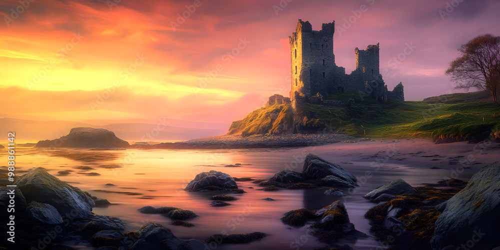 Fototapeta premium Old castle ruins on seashore in early morning misty dawn, empty landscape painting, Celtic. Generative AI