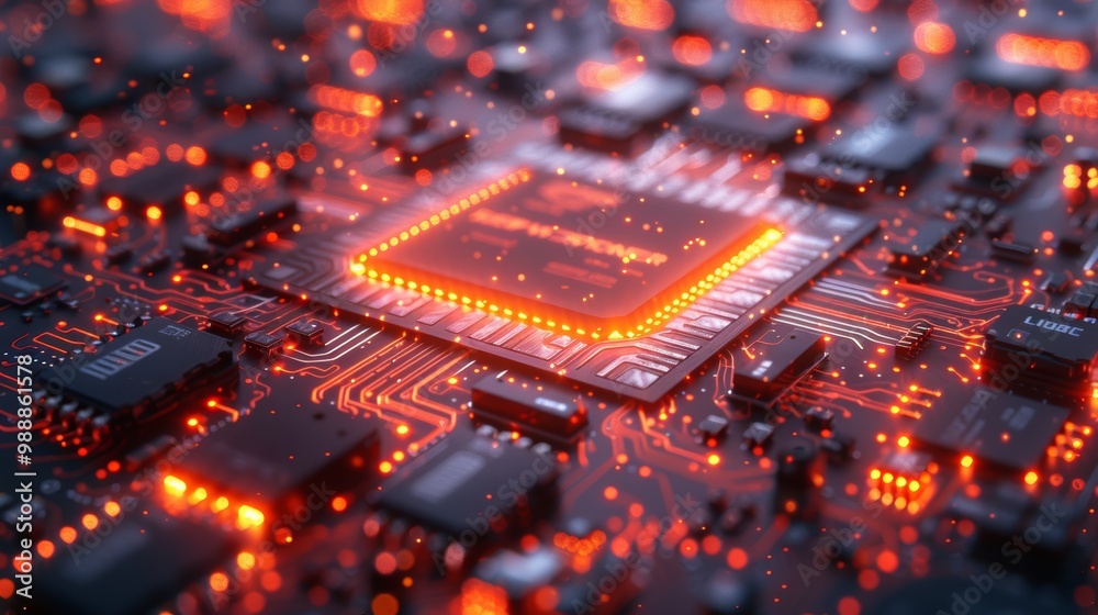 High-Tech Futuristic Circuit Board with Glowing Microchip and Digital Connections High-Tech Futuristic Circuit Board with Glowing Microchip and Digital Connections