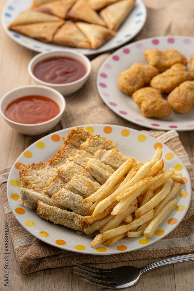 Crispy Chicken Platter with Fries and Dipping Sauces Crispy Chicken Platter with Fries and Dipping Sauces