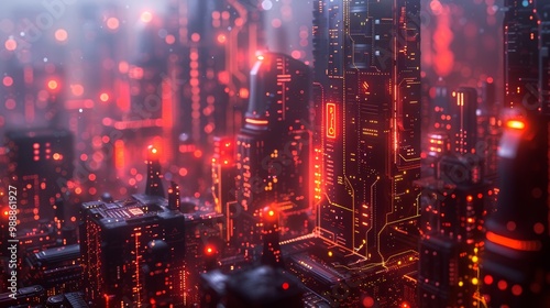 Futuristic Cityscape with Neon Lights and High-Tech Skyscrapers in a Cyberpunk Style