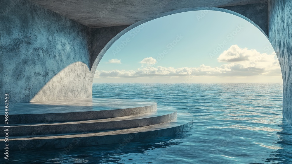 Fototapeta premium Modern Architectural Archway Overlooking Serene Ocean with Clear Blue Sky and Clouds