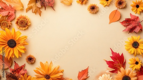 A decorative arrangement of autumn leaves and flowers on a neutral background.