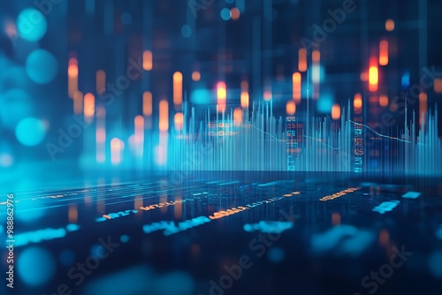 Futuristic Digital Data Visualization with Stock Market Analysis Graphs in Blue and Orange Tones