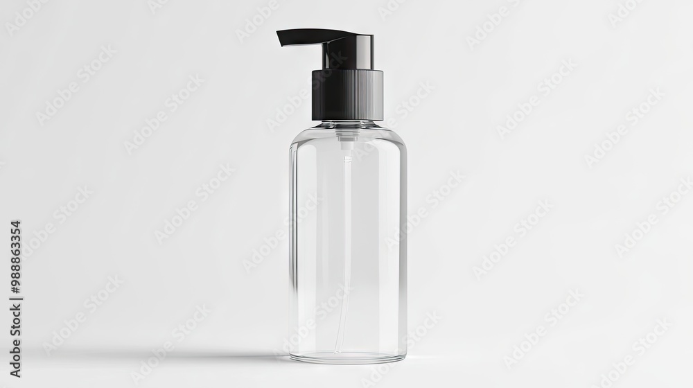 A blank transparent plastic pump bottle, placed on a white background, ideal for custom cosmetic branding or advertising. A blank transparent plastic pump bottle, placed on a white background, ideal for custom cosmetic branding or advertising.