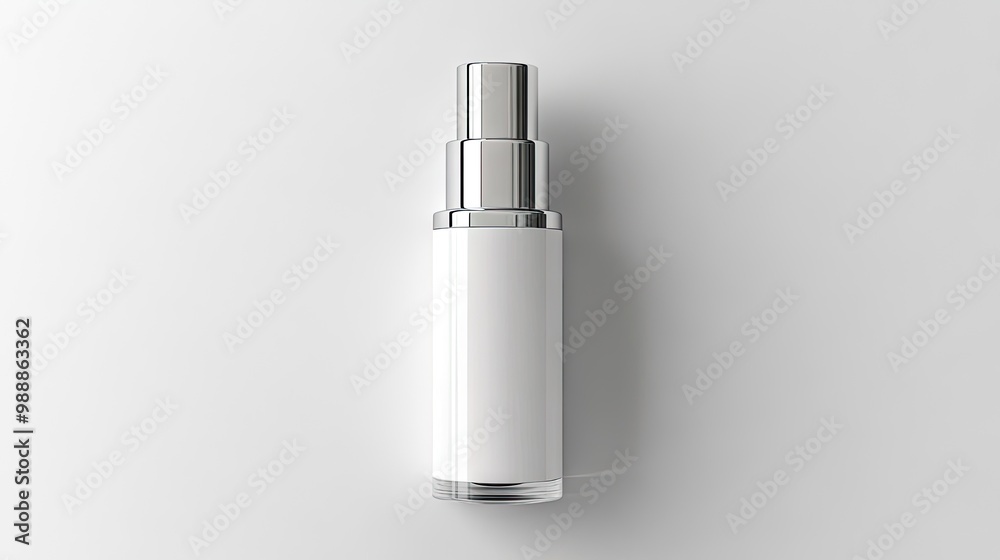 A blank white pump bottle with silver accents, set against a white background, perfect for luxury cosmetic branding. A blank white pump bottle with silver accents, set against a white background, perfect for luxury cosmetic branding.