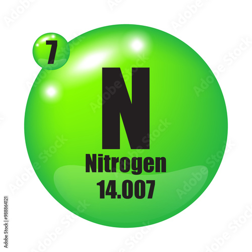 Nitrogen element icon. Atomic number 7. Atomic mass 14.007. Green spherical shape.