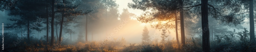 Fototapeta premium Misty morning sunrise over tranquil lake, mountains reflected in still water, sun peeking through clouds