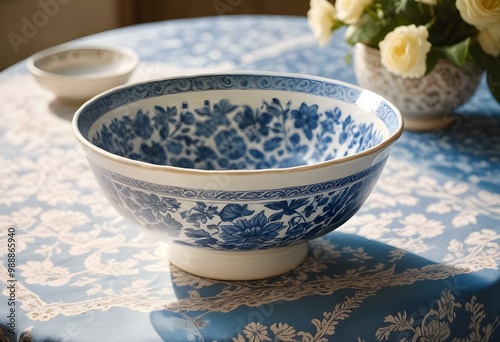 A blue and white ceramic bowl with an intricate floral pattern