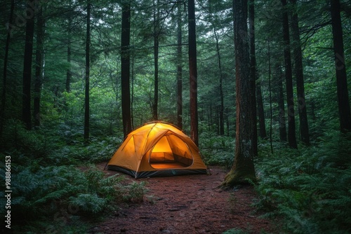 Misty morning forest with a solitary tent