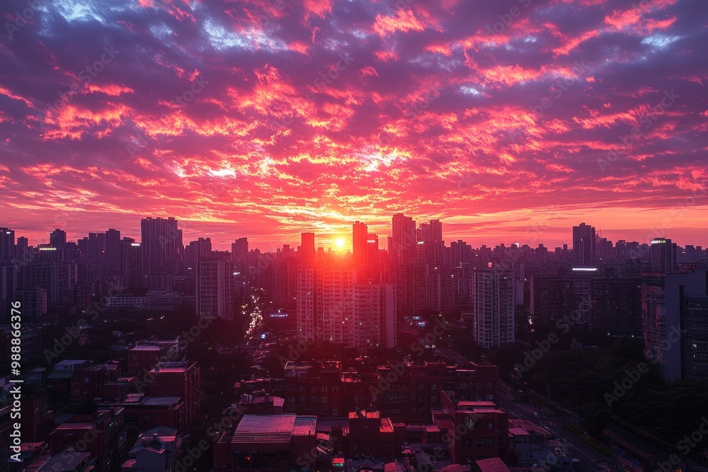 Fototapeta premium Time-Lapse Magic: A Stunning Sunset Glows Over the City Skyline and Rooftops