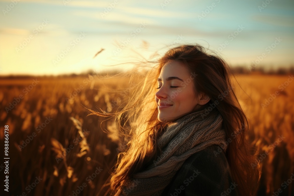 Side view photo of a woman smiles with her eyes closed field landscape portrait. Side view photo of a woman smiles with her eyes closed field landscape portrait.