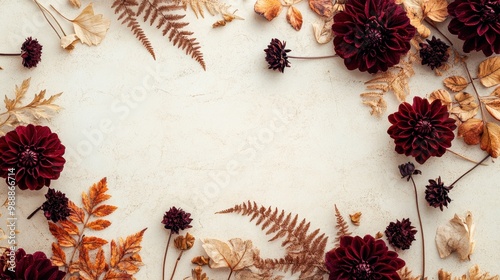 A decorative arrangement of dark flowers and autumn leaves on a light background.