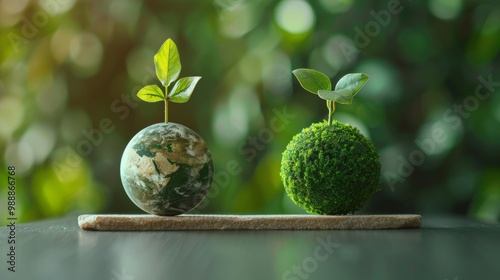 Carbon Neutral and ESG Concepts. Carbon Emission, Clean Energy. Globe Balancing between a Green leaf and CO2. Sustainable Resources, Big deal for Company and Indstry to Concern about Environmental photo