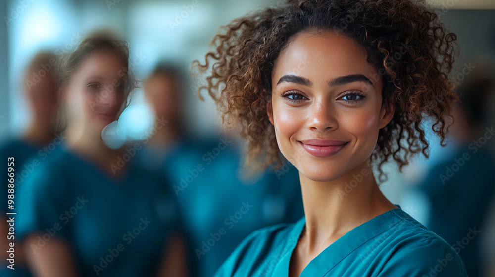 Fototapeta premium A smiling healthcare professional in scrubs, exuding confidence and warmth, stands in focus with colleagues blurred in the background, highlighting teamwork in a medical setting.
