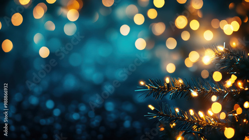 Abstract festive golden Christmas lights on dark blue bokeh effect background. Holiday celebrations and joyful occasions. Merry Christmas