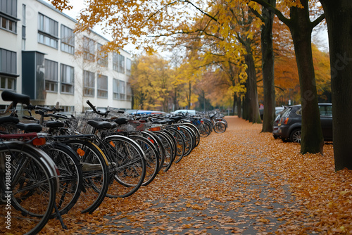 Bicycle parking in autumn season. generative AI