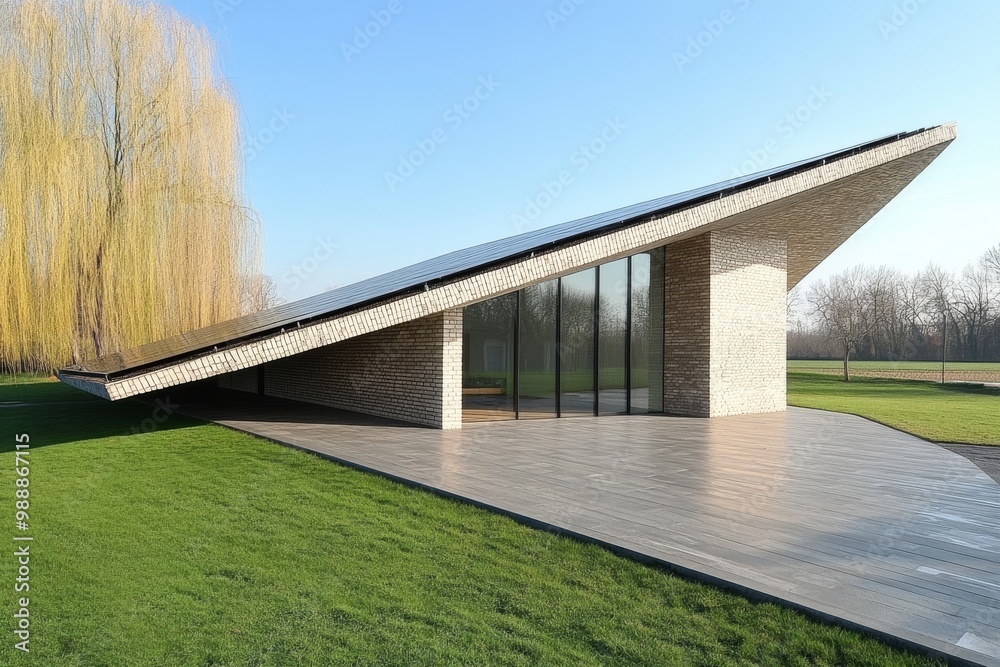 Modern House with a Sloped Roof and Solar Panels