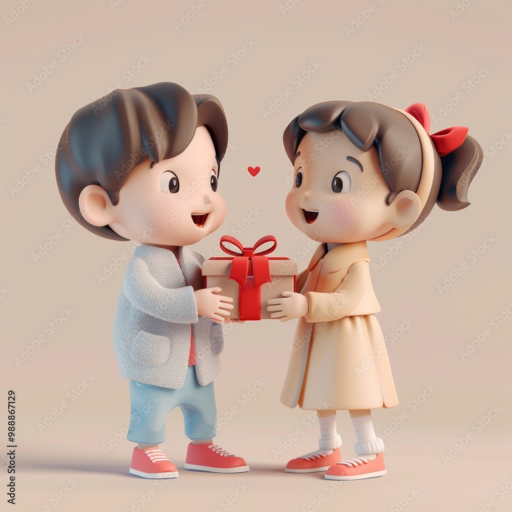 Cartoon boy and girl holding gift box. Valentines day concept. 3d render Cartoon boy and girl holding gift box. Valentines day concept. 3d render