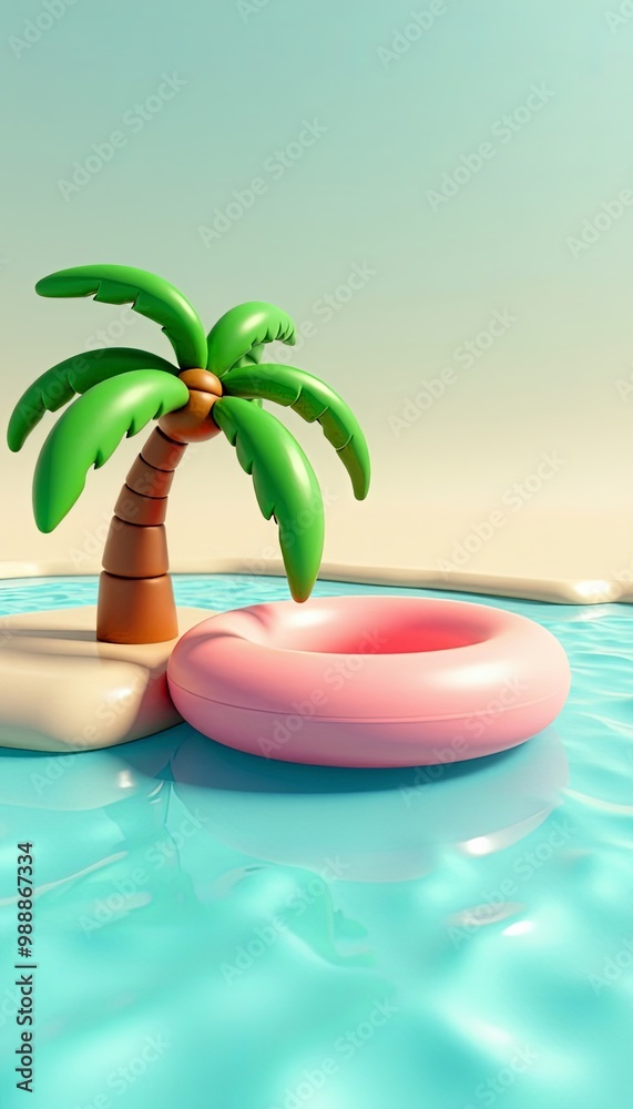 Obraz premium 3D Summer Vacation Illustration Inflatable Float Palm Tree Copy Space