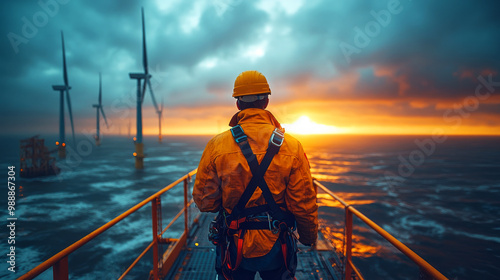 A worker in safety gear stands on a platform near offshore wind turbines, watching a dramatic sunset over the ocean.