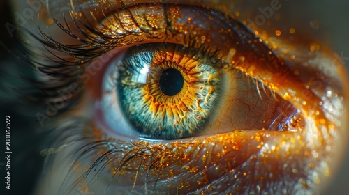 Close-up of a Vibrant Human Eye with Golden Glitter and Detailed Iris Patterns