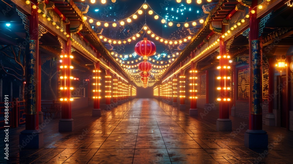 Illuminated Pathway in a Traditional Chinese Architecture