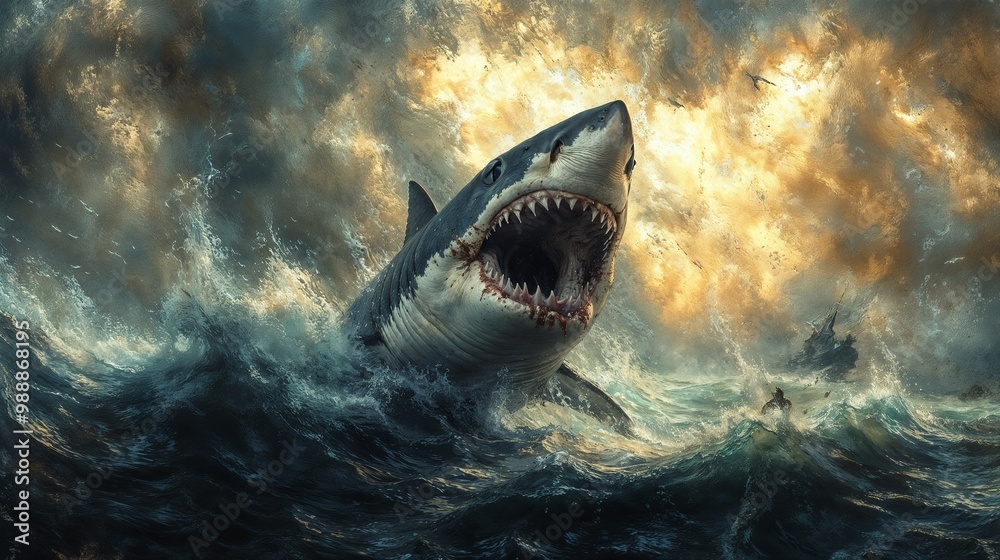 Obraz premium Great white shark swimming in vibrant blue waters, oil painting style with dynamic brushwork.