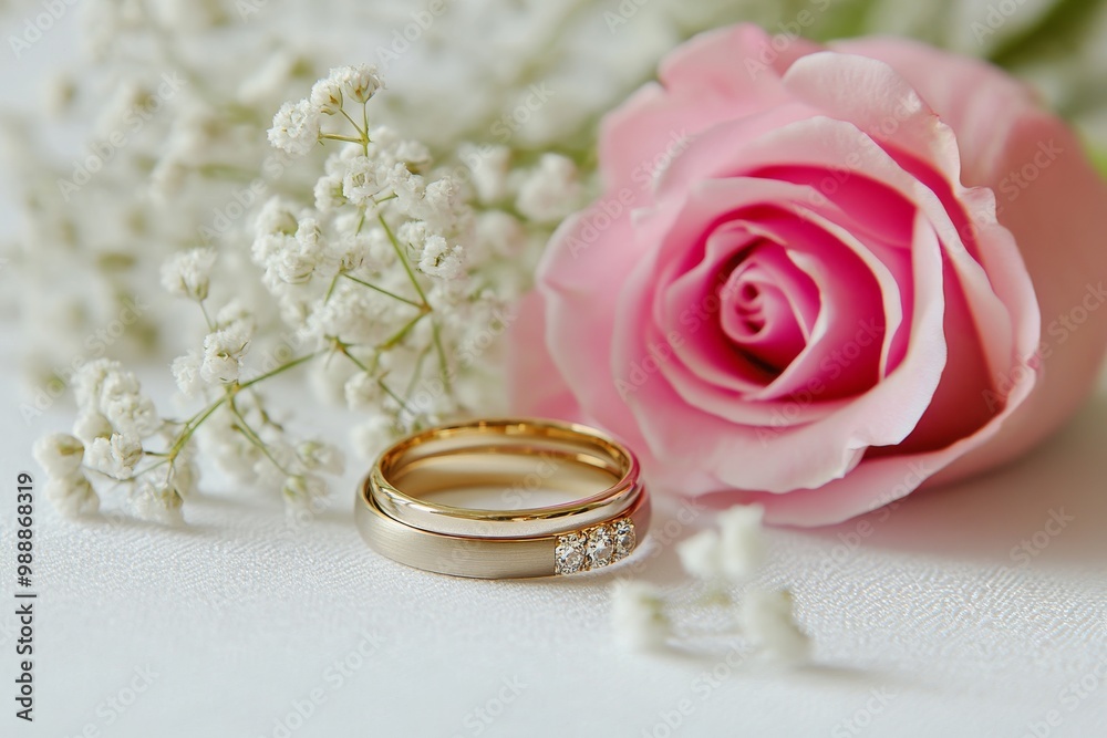 Wedding Rings with a Pink Rose and Baby's Breath Wedding Rings with a Pink Rose and Baby's Breath
