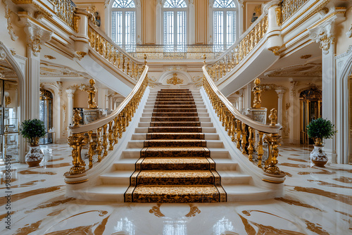 Grand palatial staircase, classic European interior design, polished marble floor, opulent, gold, beige and red
