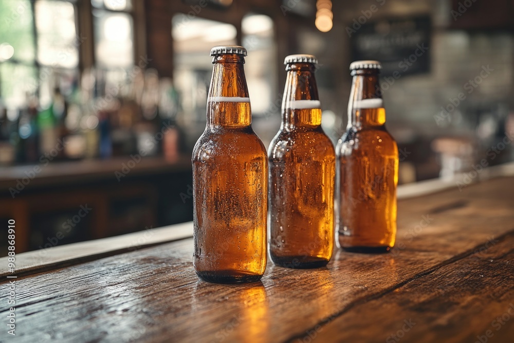 Refreshing Trio: Three Chilled Beer Bottles Perfectly Arranged on a Stylish Bar Counter Refreshing Trio: Three Chilled Beer Bottles Perfectly Arranged on a Stylish Bar Counter