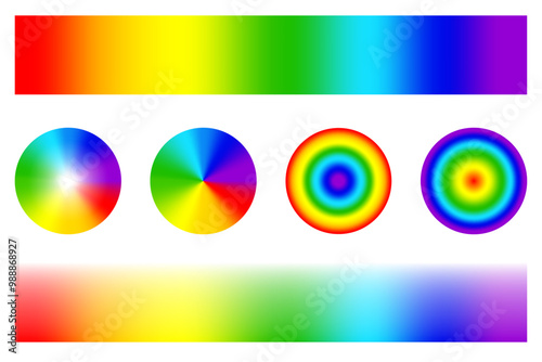 Rainbow gradient bars. Circular spectrum shapes. Vibrant radial patterns. Colorful abstract design.