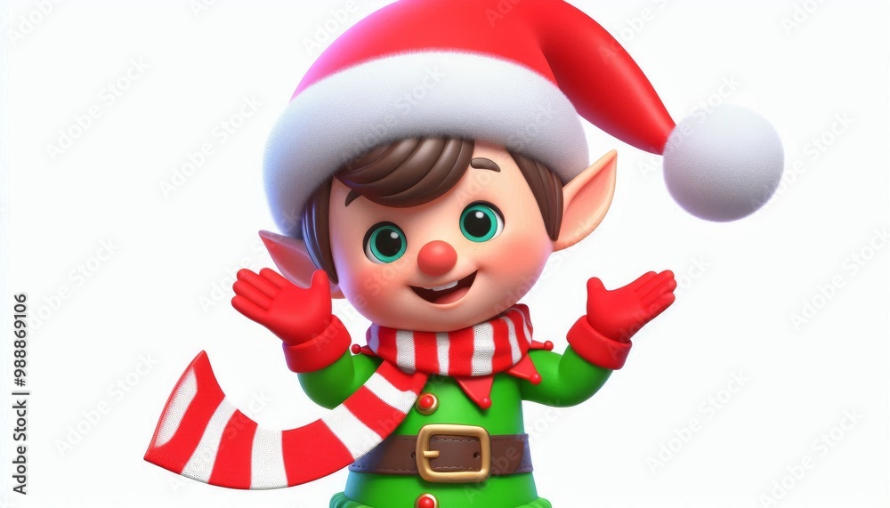 Smiling Christmas elf in red and green outfit with striped scarf and Santa hat. 3D character on white background. Christmas holiday concept for greeting cards Smiling Christmas elf in red and green outfit with striped scarf and Santa hat. 3D character on white background. Christmas holiday concept for greeting cards