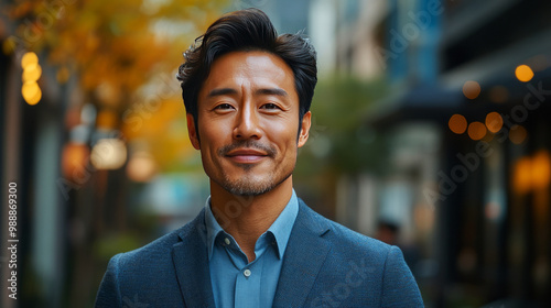 A smiling man in a smart blazer stands outdoors, surrounded by autumn foliage and soft city lights, exuding confidence and charm.