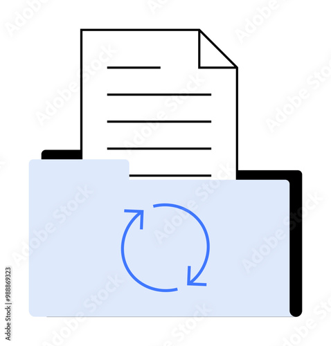 A paper document emerging from a blue folder with synchronization arrows. Ideal for digital storage, data management, cloud synchronization, office administration, and organization themes. Minimalist
