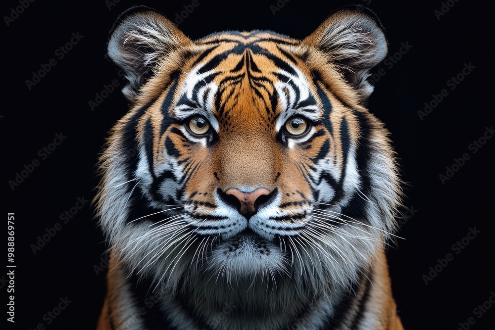 Fototapeta premium Majestic Tiger Portrait: Striking Front View Against a Dark, Mysterious Background