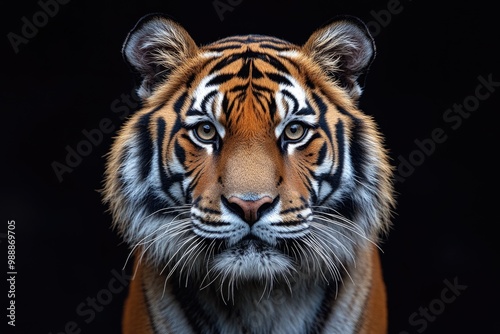 Majestic Tiger Portrait: Striking Front View Against a Dark, Mysterious Background