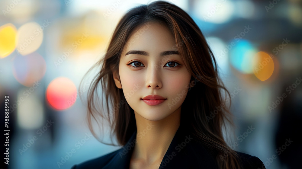 custom made wallpaper toronto digitalA portrait of a woman with long hair, set against a blurred urban background, exuding confidence and allure.